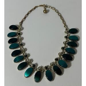 Vintage Teal Cabochon & Gold Floral Statement Necklace 16" Adjustable